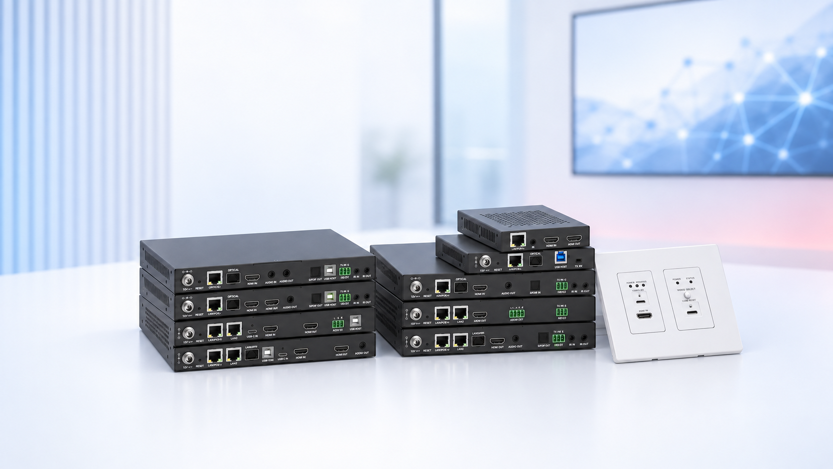 ProITAV AV-over-IP encoders, decoders, and wallplate transmitter in a professional AV environment